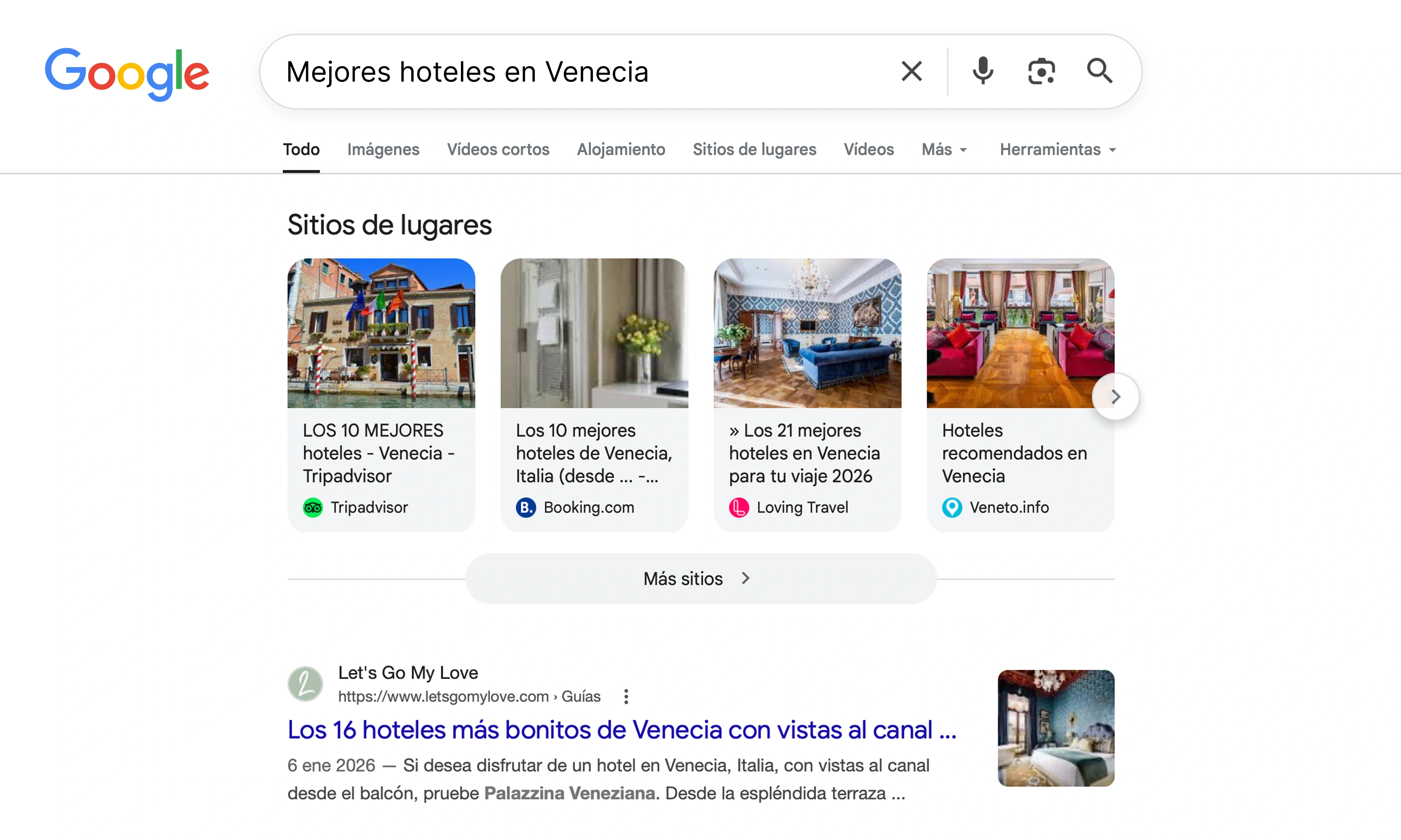 Resultados de búsqueda tradicionales con sitios de terceros en destaque